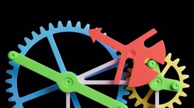Plastik dişlilerden yapılmış mekanik bir yapının animasyonu. Alfa Kanalı. Döngüsel hareket. Yatay bileşim.