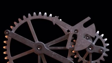 Metal dişlilerden yapılmış mekanik bir yapının animasyonu. Alfa Kanalı. Döngüsel hareket. Yatay bileşim.
