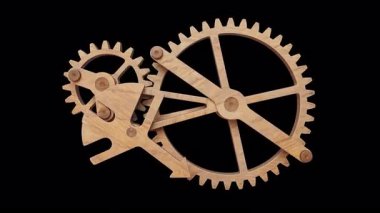 Ahşap dişlilerden yapılmış mekanik bir yapının animasyonu. Alfa Kanalı. Döngüsel hareket. Yatay bileşim.