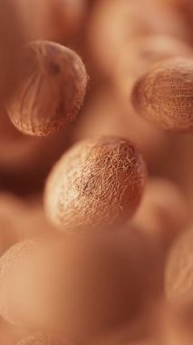 Bir grup hindistan cevizi animasyonu. Birçok hindistan cevizi uzayda yavaşça döner. Dikey kompozisyon. Defoktus. Yakın plan..