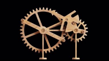 Ahşap dişlilerden yapılmış mekanik bir yapının animasyonu. Alfa Kanalı. Döngüsel hareket. Yatay bileşim.
