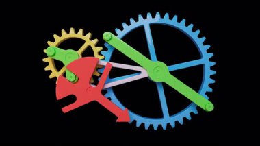 Plastik dişlilerden yapılmış mekanik bir yapının animasyonu. Alfa Kanalı. Döngüsel hareket. Yatay bileşim.