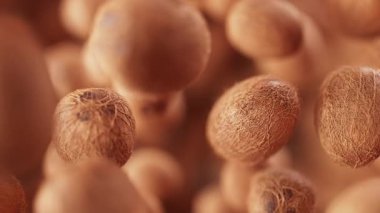 Bir grup hindistan cevizi animasyonu. Birçok hindistan cevizi uzayda yavaşça döner. Yatay bileşim. Defoktus. Yakın plan..