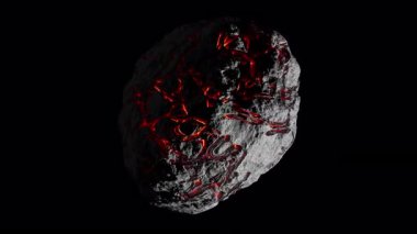 Uzaylı asteroit dönüşünün 3 boyutlu animasyonunu çeviriyorum. Alevli kırmızı lav, asteroidin yok olmuş yüzeyinde akıyor. Uzayda bir nesnenin döngüsel yavaş dönüşü. Alfa Kanalı ile Dosya.
