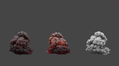 Üç çeşit yangın patlaması. İlk patlama çok az ateş içerir. İkinci patlama daha fazla ateş içeriyor. Üçüncü patlama beyaz dumandan oluşuyor. Dosya Alfa Kanalı içeriyor.