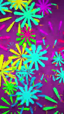 Mor arka planda çizgi film tarzı havai fişekler. Parlak şekil ve renklerin patlamaları dinamik ve neşeli bir atmosfer yaratır. Tatiller, partiler ve kutlama videoları için mükemmel. döngü canlandırması.