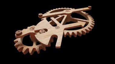 Ahşap dişlilerden yapılmış mekanik bir yapının animasyonu. Alfa Kanalı. Döngüsel hareket. Yatay bileşim.