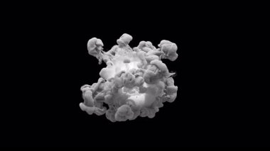 Fantastik bir beyaz patlamanın 3 boyutlu animasyonu. Patlamadan sonra parçacık bulutu çerçeveye sorunsuzca yayılıyor. Dosya Alfa Kanalı içeriyor.