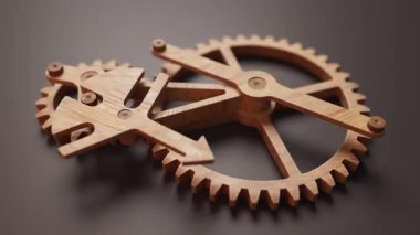 Ahşap dişlilerden yapılmış mekanik bir yapının animasyonu. Döngüsel hareket. Yakın plan. Yatay bileşim. Odaklanmayın.