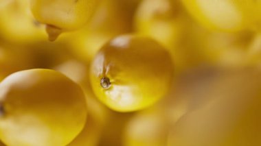 Bir grup limonun animasyonu. Birçok limon uzayda arka planda yavaşça döner. Yatay bileşim. Defoktus. Yakın plan..