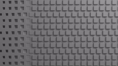 Geometrik elementlerle soyut 3D animasyon: farklı boyut ve yönelimlere sahip bir ızgarada dizilmiş kare hücreler, derinlik ve simetrinin bir etkisini yaratıyor. Alfa Kanalı.