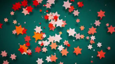 Çizgi film tarzı turuncu ve kırmızı yıldızların koyu yeşil arka planda üç boyutlu animasyonu. Kusursuz döngü hareketi neşeli bir atmosfer ve derinlik hissi yaratır..