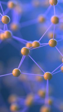 Mavi arka planda moleküler veya nanoteknolojik yapıyı temsil eden birbirine bağlı sarı kürelerin gelecekteki üç boyutlu animasyonu. Bilim, yenilik ve yüksek teknoloji temalar için ideal..