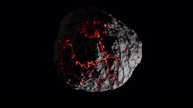Uzaylı asteroit dönüşünün 3 boyutlu animasyonunu çeviriyorum. Alevli kırmızı lav, asteroidin yok olmuş yüzeyinde akıyor. Uzayda bir nesnenin döngüsel yavaş dönüşü. Alfa Kanalı ile Dosya.
