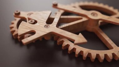 Ahşap dişlilerden yapılmış mekanik bir yapının animasyonu. Döngüsel hareket. Yakın plan. Yatay bileşim. Odaklanmayın.