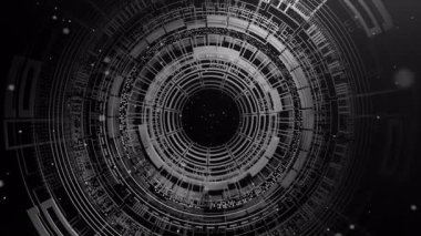 Yüksek teknolojili HUD halkaları ve soyut monokrom dijital elementler bir bilim kurgu arayüzü oluşturuyorlar. Yenilik, teknoloji, veri ve yapay zeka için mükemmel bir geçmiş. Döngü Canlandırması.