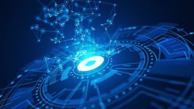 Parlak bir teknoloji çemberi üzerinde oluşan dijital bir ağın soyut döngü animasyonu. Yapay zeka, yenilik ve yüksek teknoloji temaları için ideal.