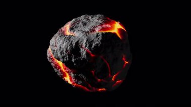 Uzaylı asteroit dönüşünün 3 boyutlu animasyonunu çeviriyorum. Alevli kırmızı lav, asteroidin yok olmuş yüzeyinde akıyor. Uzayda bir nesnenin döngüsel yavaş dönüşü. Alfa Kanalı ile Dosya.