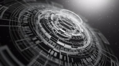 Siyah ve beyaz soyut HUD elementleriyle gelecekteki dijital arayüz. Teknoloji, yenilik ve sanal gerçeklik kavramları için yüksek teknoloji bilim kurgu geçmişi. Kusursuz döngü canlandırması.