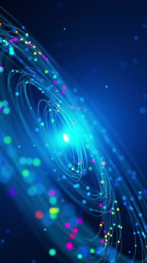 Parlak mavi ışığın soyut döngü animasyonu, galaksi girdabı ve renkli parçacıklar. Kozmik alan, geleceksel veri akışı, dijital enerji hareketi.