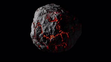 Uzaylı asteroit dönüşünün 3 boyutlu animasyonunu çeviriyorum. Alevli kırmızı lav, asteroidin yok olmuş yüzeyinde akıyor. Uzayda bir nesnenin döngüsel yavaş dönüşü. Alfa Kanalı ile Dosya.