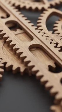 Elegant 3D animation loop of a wooden rack and pinion system, highlighting the beauty of mechanical movement, precise engineering, and the artistry of woodcraft in a seamless.