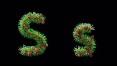 3D animation of uppercase and lowercase letter S crafted from pine needles with cones, alpha channel. Holiday decorative font for Christmas posters, eco projects, and winter graphic design.