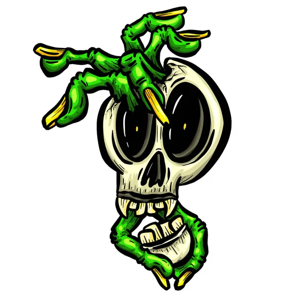 Dessin Animé Effrayant Crâne Halloween Avec Des Doigts Zombie Verts — Image vectorielle