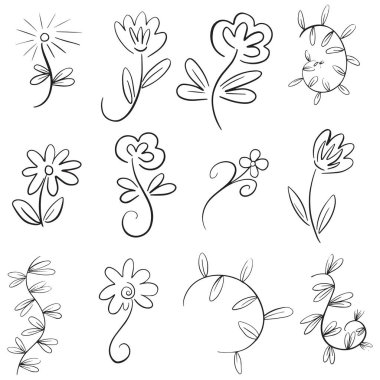 Floral Line Art Flowers and Leaves Doodle Illustrations in Vector