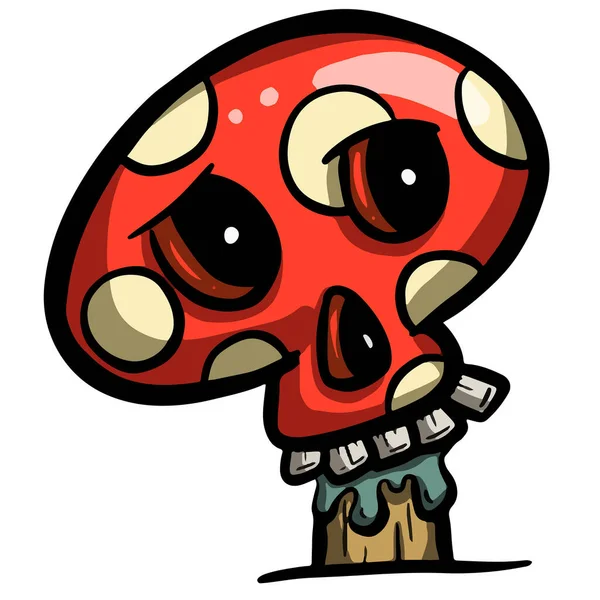 Spooky Halloween Skull Shape Red Poisvent Toadsool Mushroom Cartoon Character — 스톡 벡터