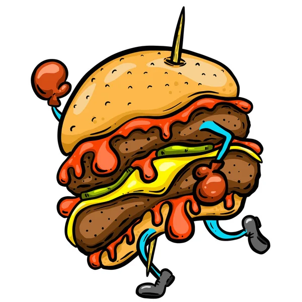 Cartoon Jogging Corsa Hamburger Cheeseburger Illustrazione Del Personaggio Del Cartone — Vettoriale Stock