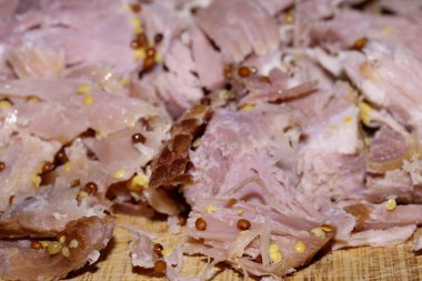 Parçalanmış Gammon Jambonu Hardal Giydirme Et Parçalama Parçalanmış Soyut Yakın plan