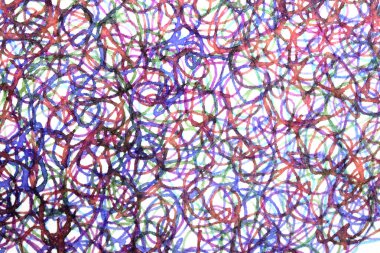 Coloured ink pen scribbled wavy messy tengled lines on white background
