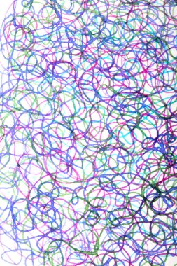 Coloured ink pen scribbled wavy messy tengled lines on white background