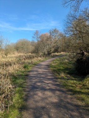 Güneşli, mavi bir gökyüzünde İngiltere 'nin bozkırlarında doğa yolunda bir kır yürüyüşü.