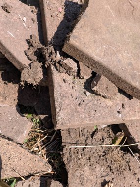 Eski kırılan kaldırım levhalarının kapağı. Ev bahçesinin yenilenmesi için çıkarılmış.