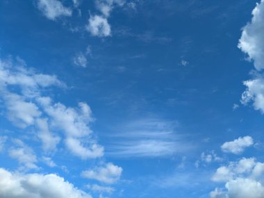 İnce çizgileri ve kabarık beyaz bulutları olan mavi gökyüzü