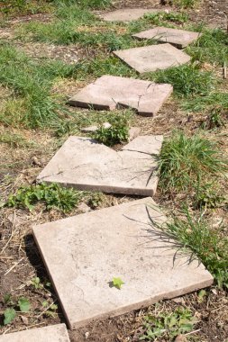 Kırık kaldırım döşemeleri çimlerin üzerinde, bitmesi gerekiyor.