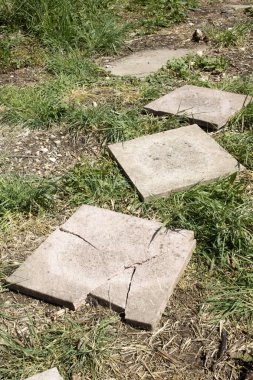 Kırık kaldırım döşemeleri çimlerin üzerinde, bitmesi gerekiyor.