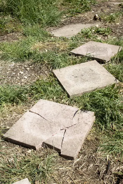 Kırık kaldırım döşemeleri çimlerin üzerinde, bitmesi gerekiyor.