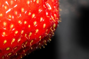 Tohumları kırmızı deride gösteren taze yetişmiş bir çileğe yakından bak.