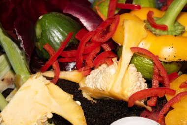 Geri dönüştürülmekte olan gübrenin üzerindeki sulanmış sebzeleri kapat