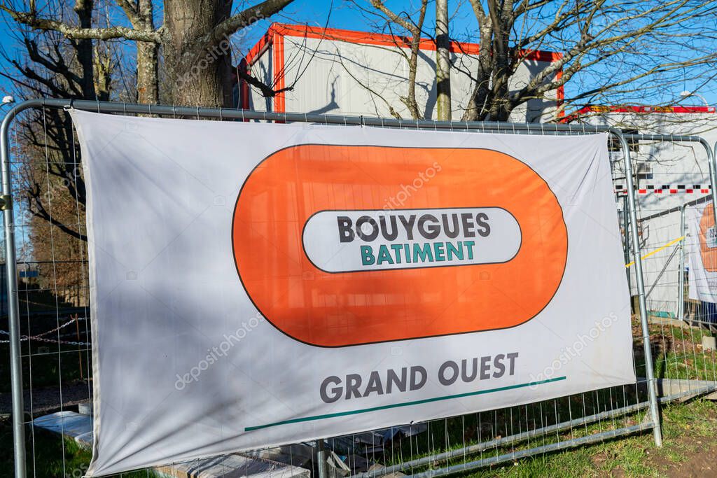 Bouygues Batiment Grand Ouest banner on a construction site. Seine-Maritime, France, February 06, 2023