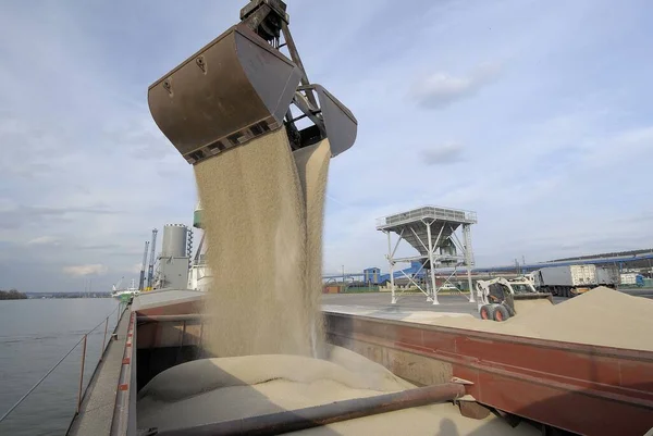 Loading Nitrogen Fertilizers Crane Barge River Seine Port Rouen Seine — Stock Photo, Image
