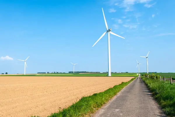 stock image Wind farm with 5 wind turbines of 2 megawatts in the Somme. Potato field