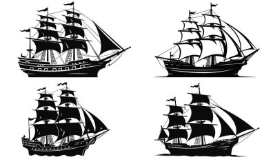 Bir korsan gemisinin silueti, yelkenli ya da yelkenli gemi logosu klasik vektör çizimi