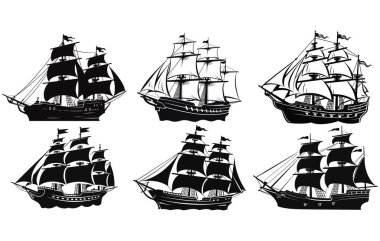 Bir korsan gemisinin silueti, yelkenli ya da yelkenli gemi logosu klasik vektör çizimi
