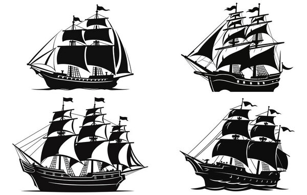 silhouette of a pirate ship, sailboat or sailing ship logo vintage vector illustration