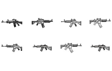 Çeşitli silahların siluetleri, silahlı askeri grafik vektör logosu.