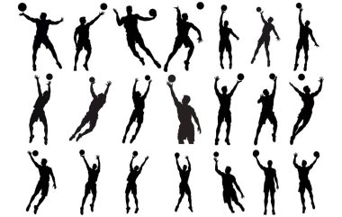 Voleybol oyuncuları siluetleri izole edilmiş vektör takım sporları ve plaj voleybolu